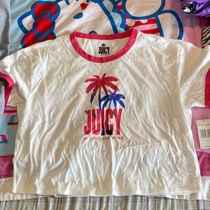 NWT Juicy Couture White Ringer Tee with Pink & Blue Palm Graphic